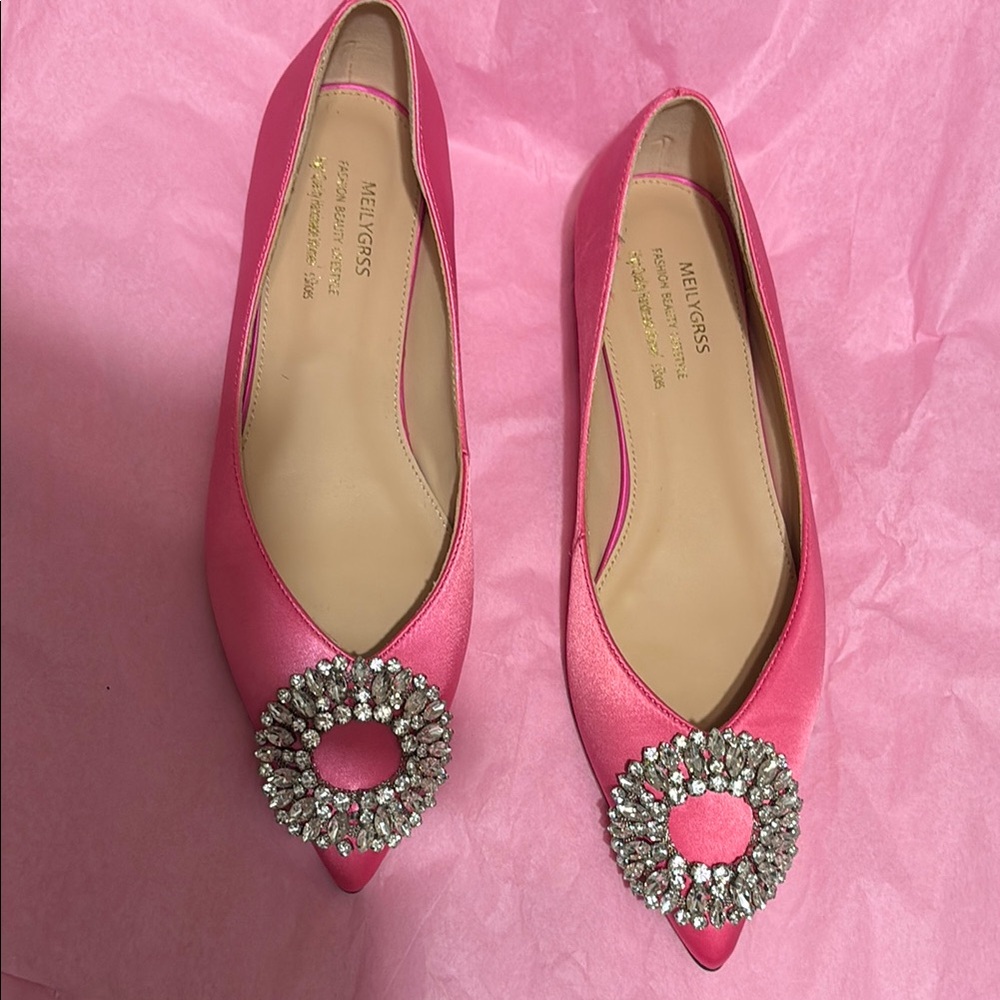 Elegant Pink Satin Flats with Crystal Embellishment